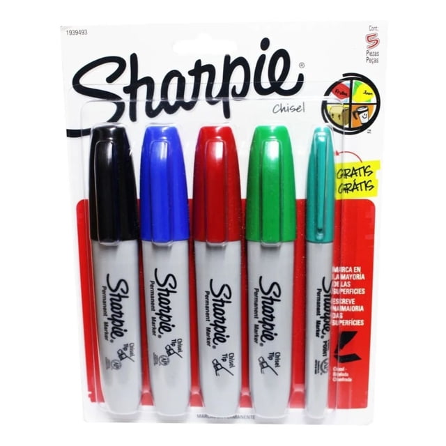 marcadores sharpie promo pack 4 chisel + 1 fino sharpie unisex paquete de 5 marcadores Sharpie: cuatro de punta cincel (negro, azul, rojo, verde) y uno fino turquesa; cuerpos grises con tapas a juego y diseño antivuelco, tinta de secado rápido resistente al agua y a manchas, útil para etiquetar cajas, archivos y proyectos de arte; también suele usarse para rotular manualidades y organizadores personales.