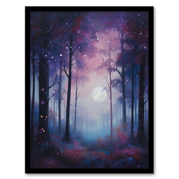 Enchanted Forest In Soft Moonlight Oil Painting Full Moon Fantasy Landscape With Fireflies Colourful Magical Nature Mystical Modern Art Print Framed Poster Wall Decor 12x16 inch