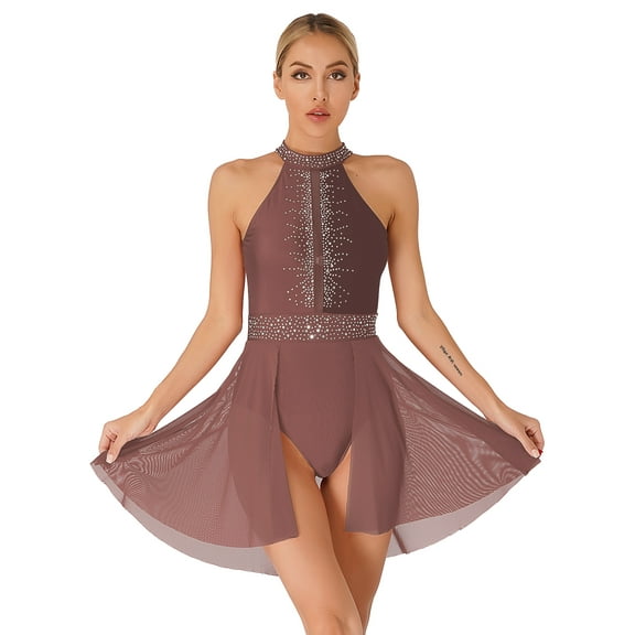 inlzdz Women Lyrical Dance Costume Halter Neck Flowy Skirt Dress Ballet Leotard Modern Contemporary Dancewear Coffee XL