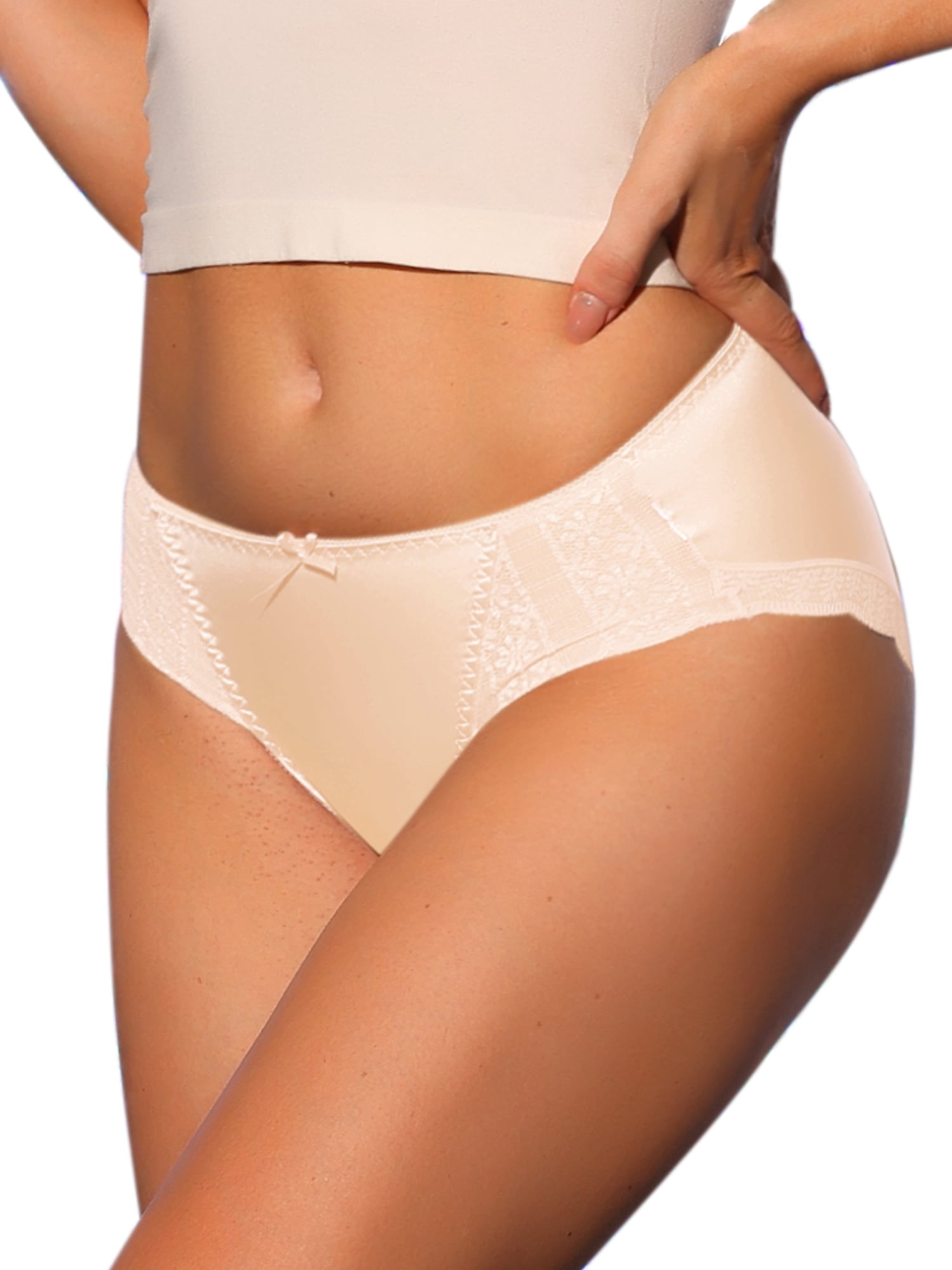 Unique Bargains Women's Satin Mid-Rise Lace Trim Breathable Bikini Panties Underwear XL Beige