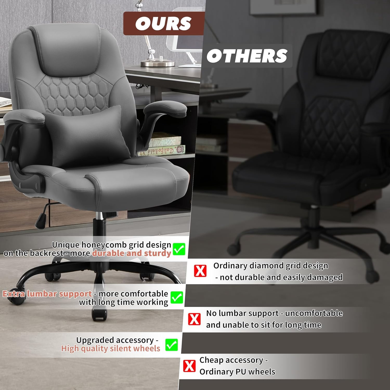Nexthro Executive Office Chair PU,Leather Office Chair with Wheels,360° Swivel Rolling Chair with Padded Arms,Ergonomic Computer Chair with Lumbar Support for Short People Use(Gray)