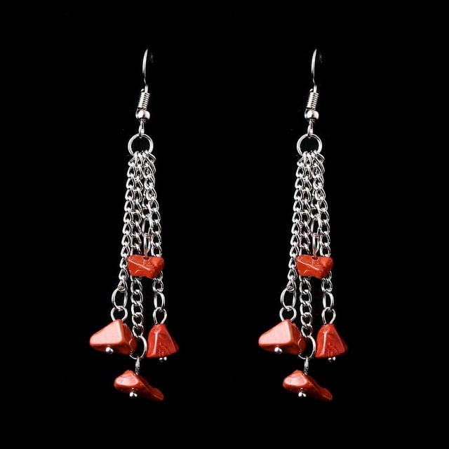 XmhyTop Personalized Natural Stone Earrings, Handmade Natural Crystal Stone Multi layer Chain Tassel Beaded Earrings (Red)