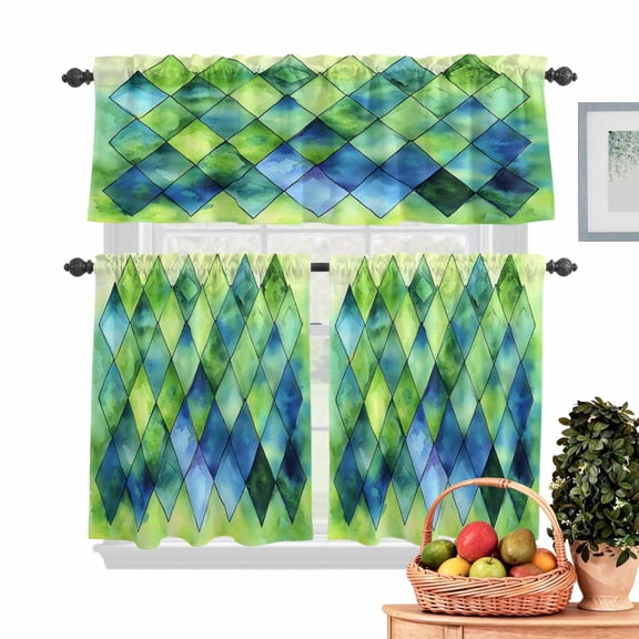 Abstract Ombre Green Blue Kitchen Curtains Valances 3 Piece Set, Geometric Art Rod Pocket Tier Curtain and Valance Drapes for Small Window 36 Inch Length for Bedroom Cafe