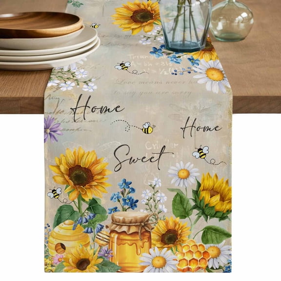 Yellow Sunflowers Cotton Linen Table Runner for Dining Kitchen, Elegant Pastoral Floral Daisy Bees Wedding Outdoor Party Tablerunners Decoration, Dresser Scarf Coffee Tablecloth Runners 13x72 Inches