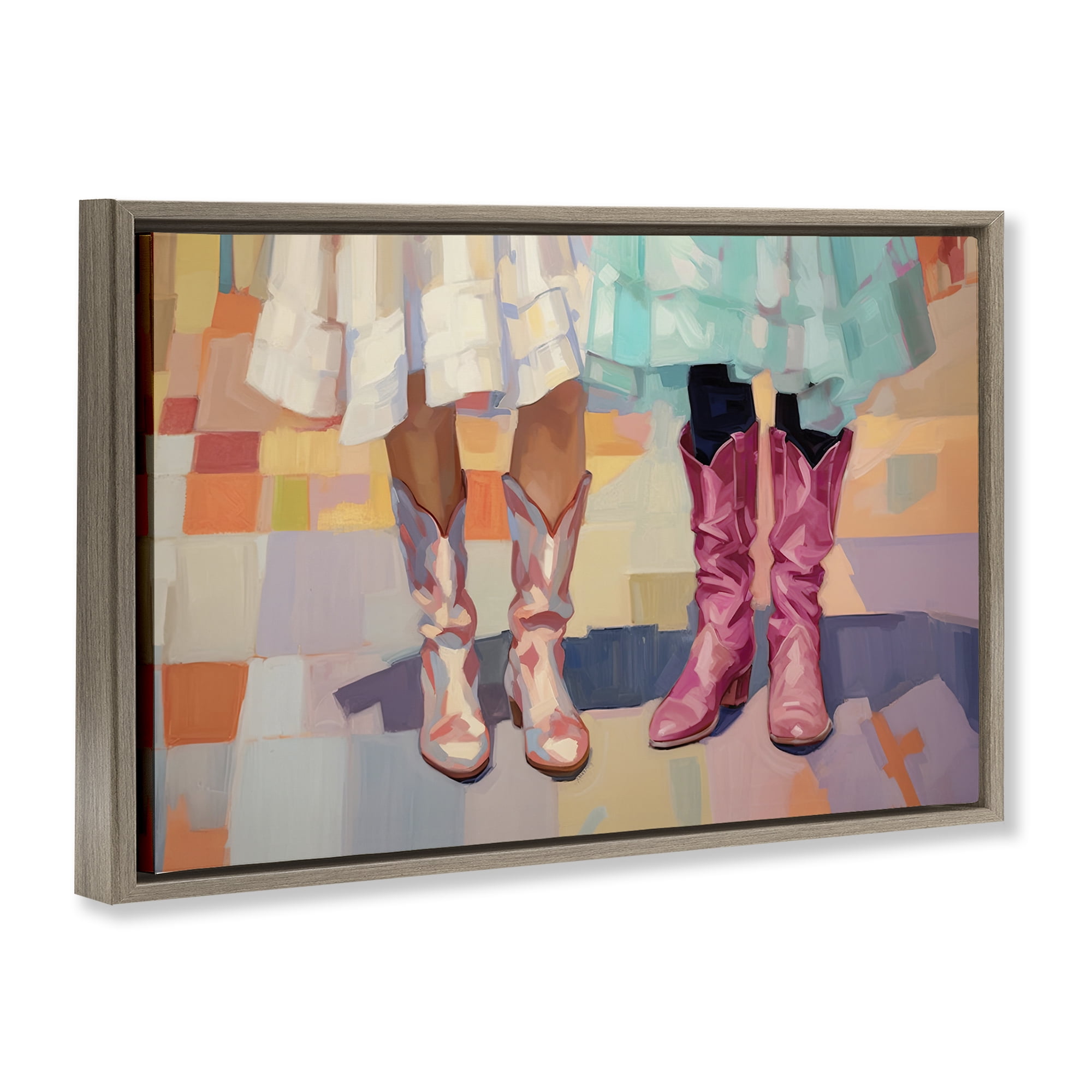 Stupell Industries Girls in Cowboy Boots People Painting Brown Floater Framed Canvas Art Print Wall Art, 25 x 17