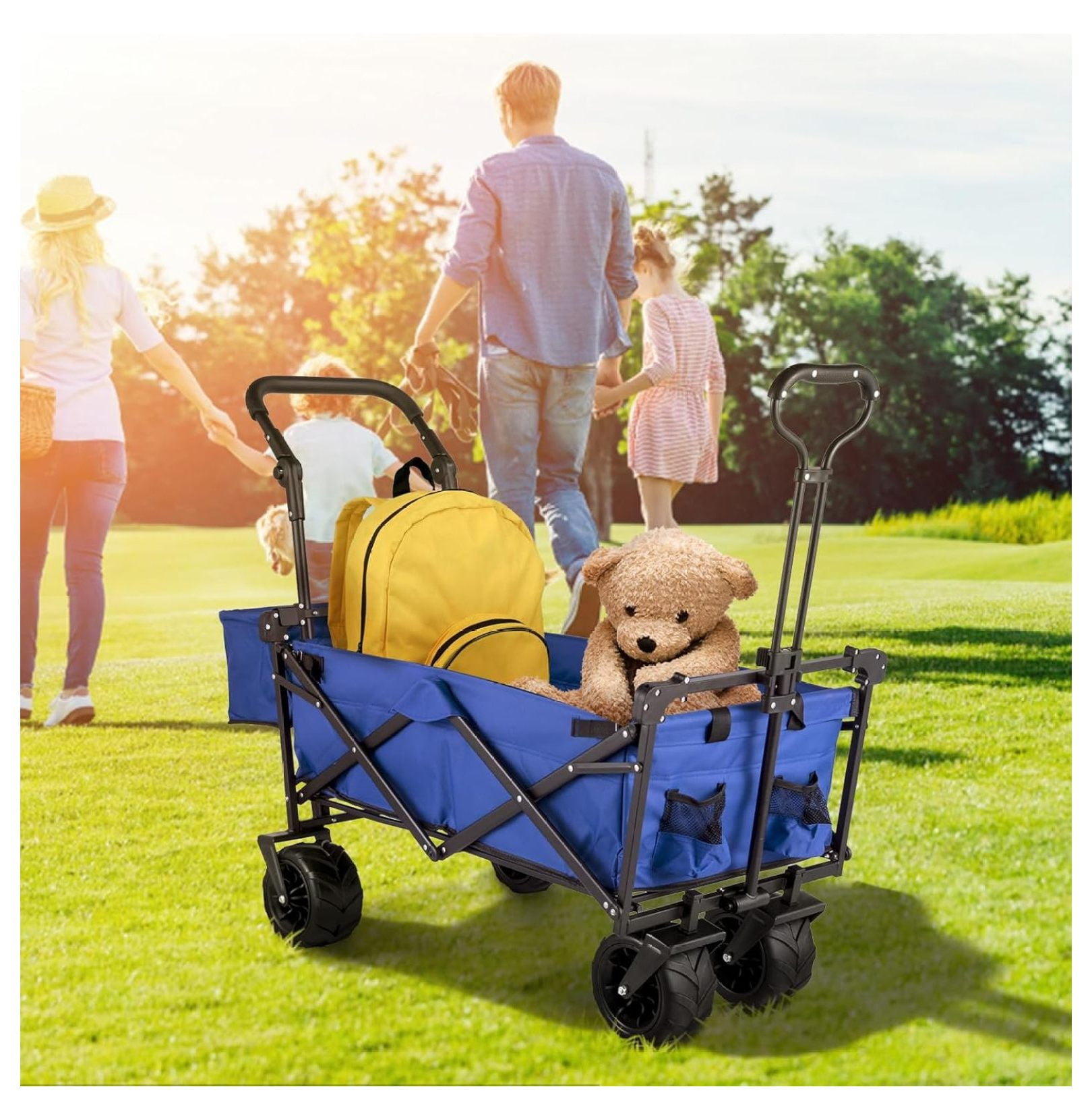 Collapsible Wagon with Canopy, 220lbs Foldable Wagon, Beach Wagon Cart with Big Wheels and Canopy with Adjustable Push Pulling Handles