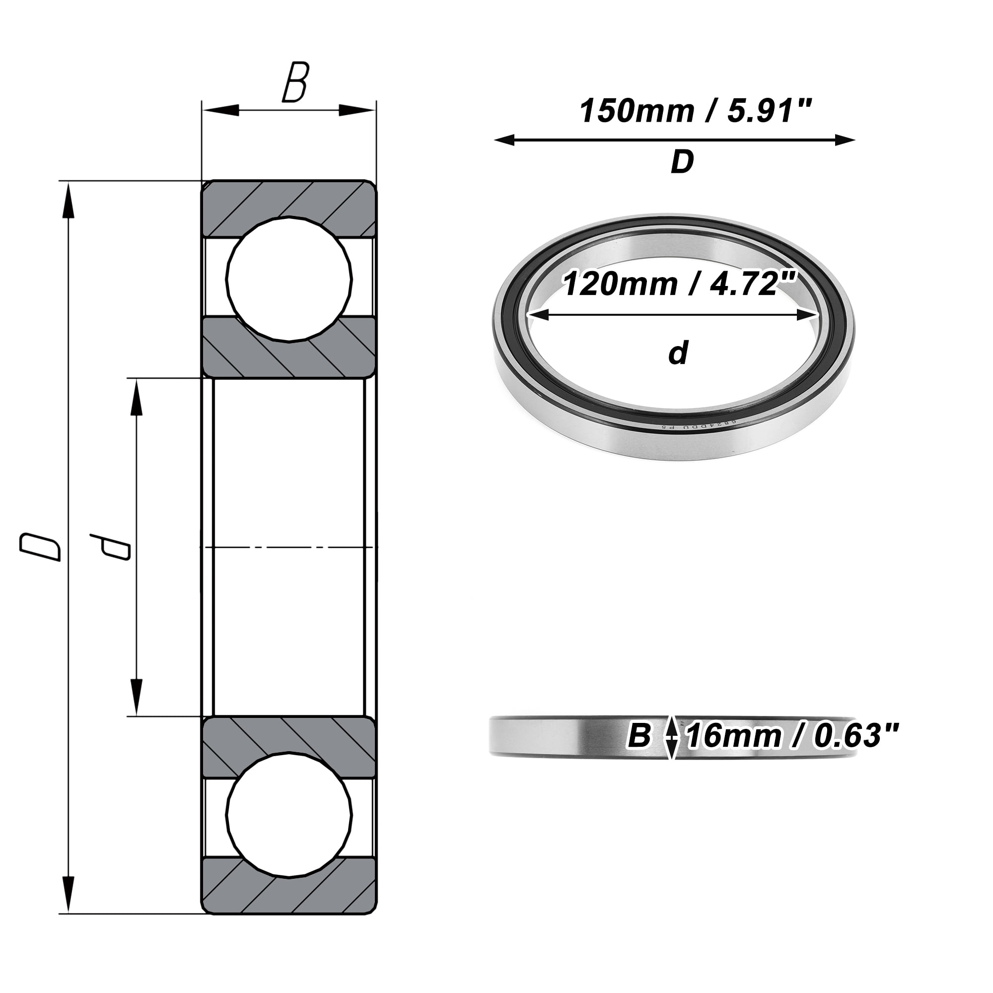 Unique Bargains 6824DD Deep Groove Ball Bearings P5 120x150x16mm Lubricated Bearings Double Rubber Seal Black Silver Tone Scooter Skateboard Wheel