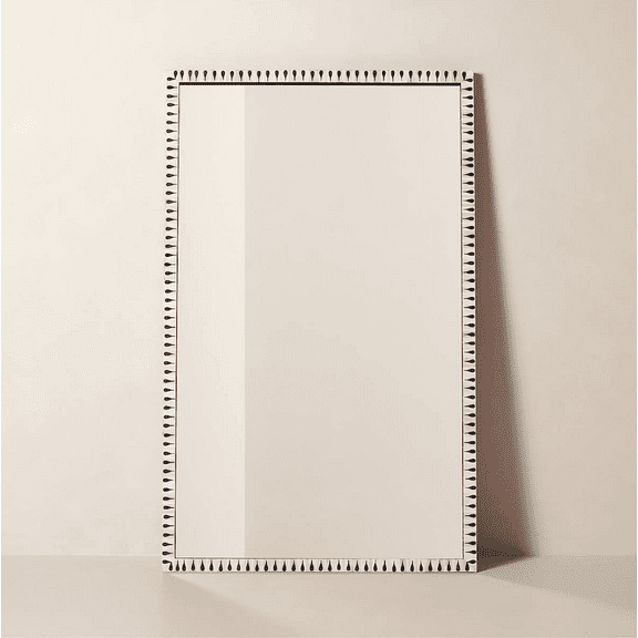RUDRAKSHA CORPORATION Minimalist Bone Inlay Rectangular Mirror Frame, Off-White with Black Teardrop Motif, Slim Modern Wall Mirror for Bedroom or Entryway