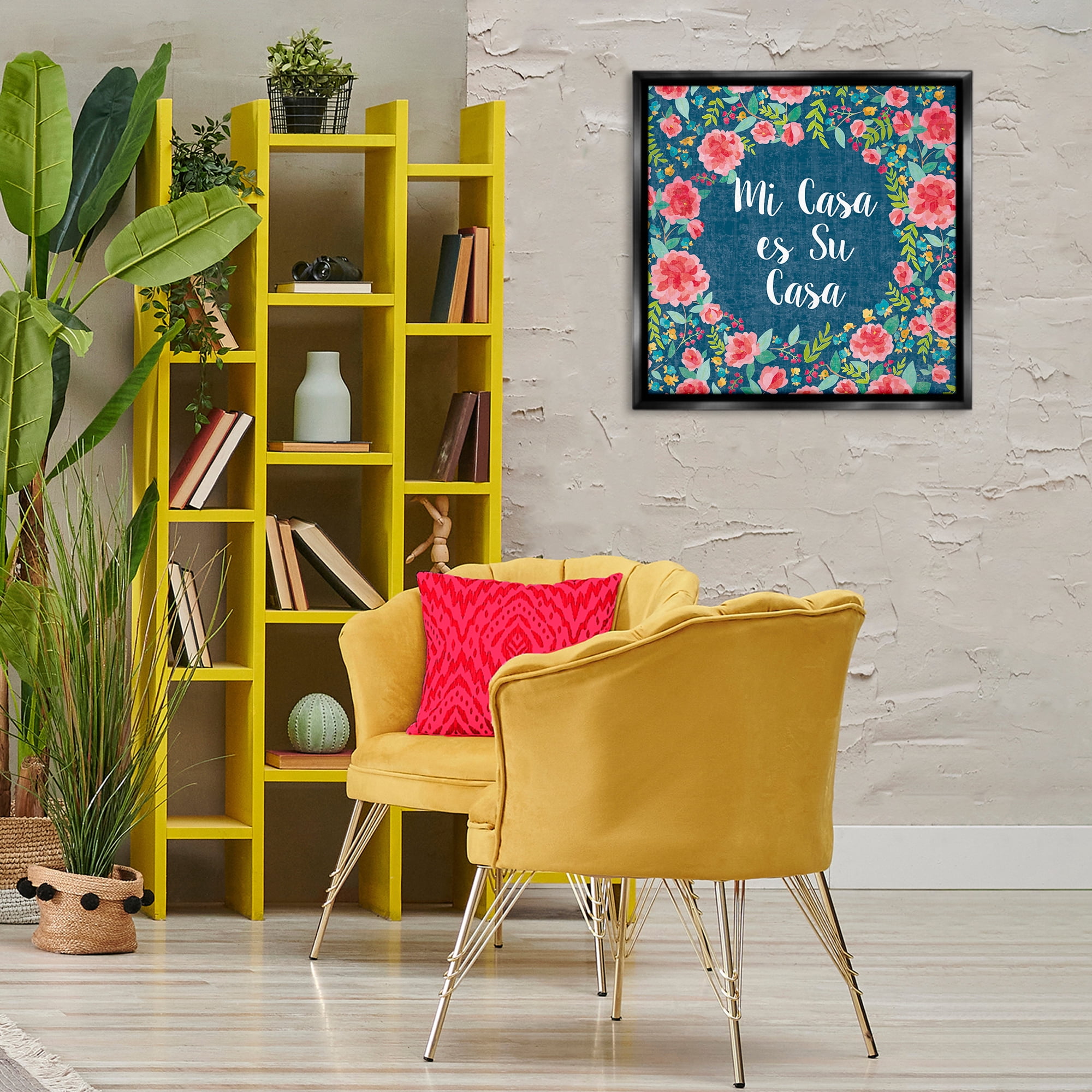 Stupell Industries Su Casa Flores Rosas Inspirational Quotes & Sayings Painting Black Floater Framed Art Print Wall Art, 25 x 25