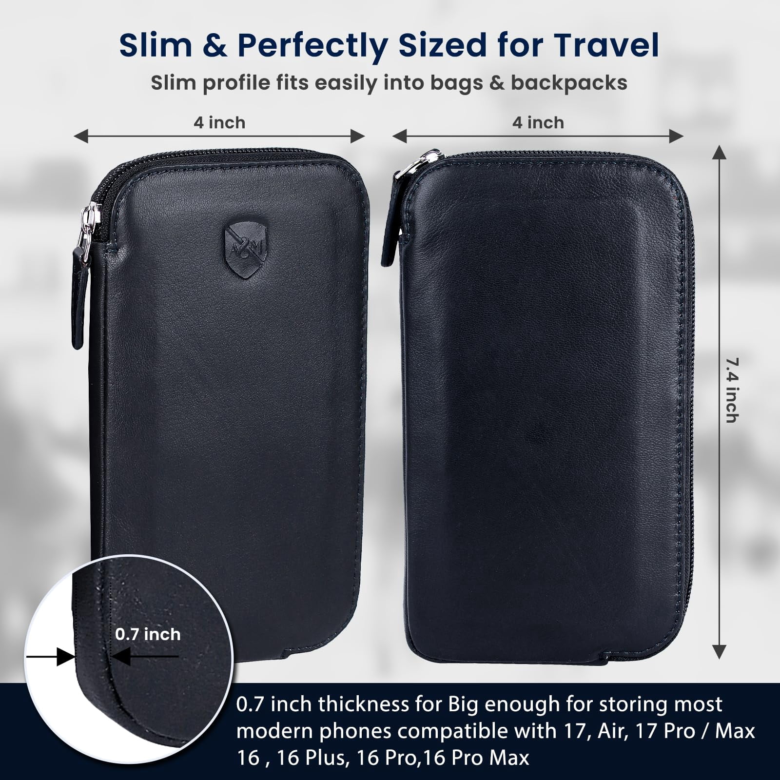 ALLEN & MATE Genuine Leather Phone Pouch Case Sleeve with Zip – Slim Mobile Phone Holder Wallet for Passport ID and Cards Fits iPhone 17 Pro Max, 16, 15 Samsung Galaxy S25 & Android - Navy Blue