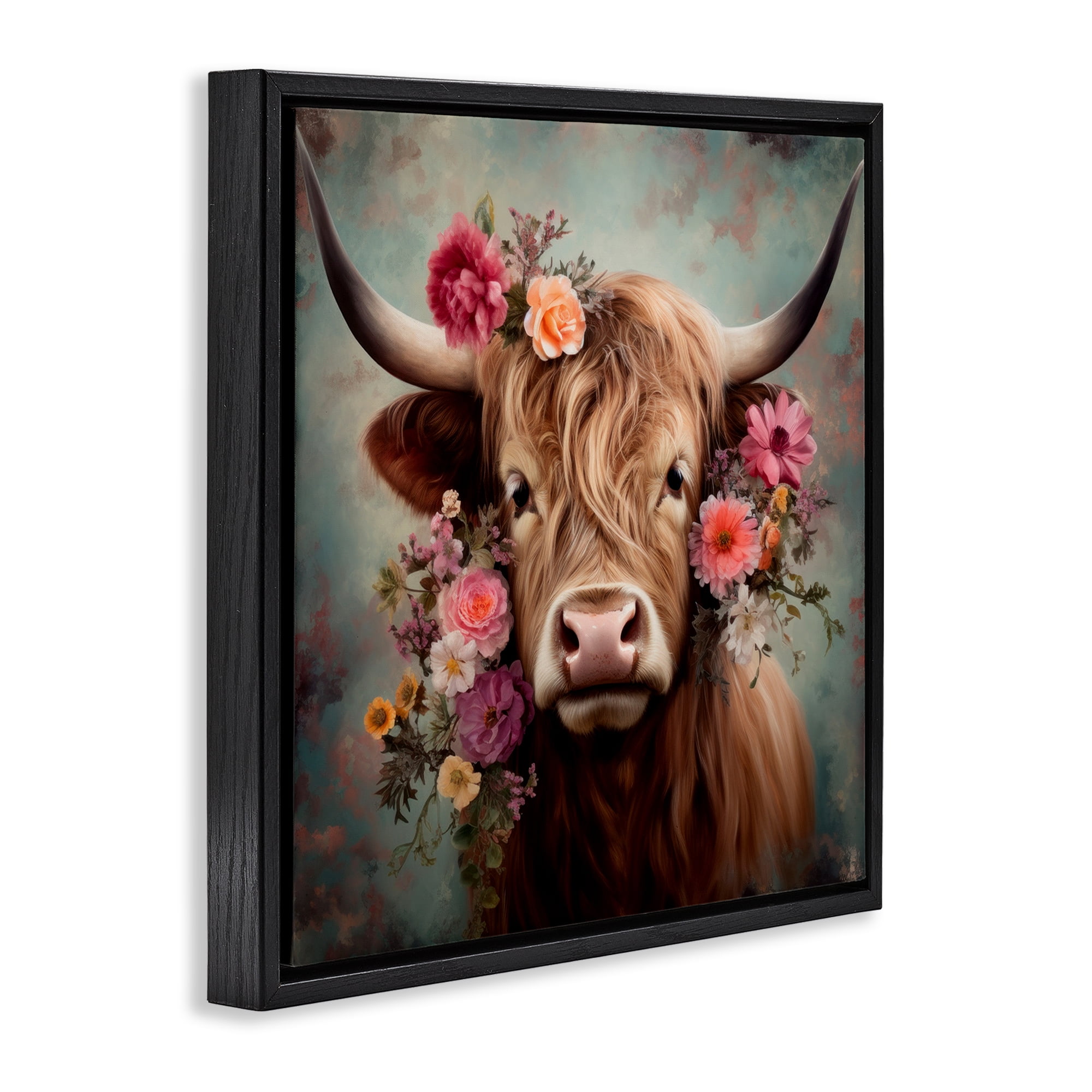 Stupell Industries Cattle with Gerbera Daisies Animals & Insects Painting Black Floater Framed Canvas Art Print Wall Art, 18 x 18