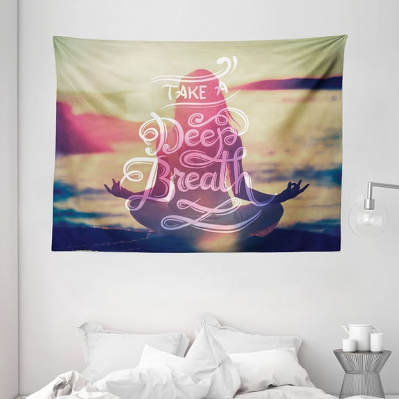 Yoga Tapestry, Woman on Tranquil Summer Beach Meditating Om Peaceful Calm Sunset Motivation Phrase, Wall Hanging for Bedroom Living Room Dorm Decor, 80W X 60L Inches, Multicolor, by Ambesonne