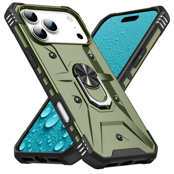 for iPhone 17 Pro Rugged Case with Rotated Ring Holder Stand, Support Magnetic Car Mount, Military Grade Shockproof Protection Phone Cover for iPhone 17 Pro, Armygreen