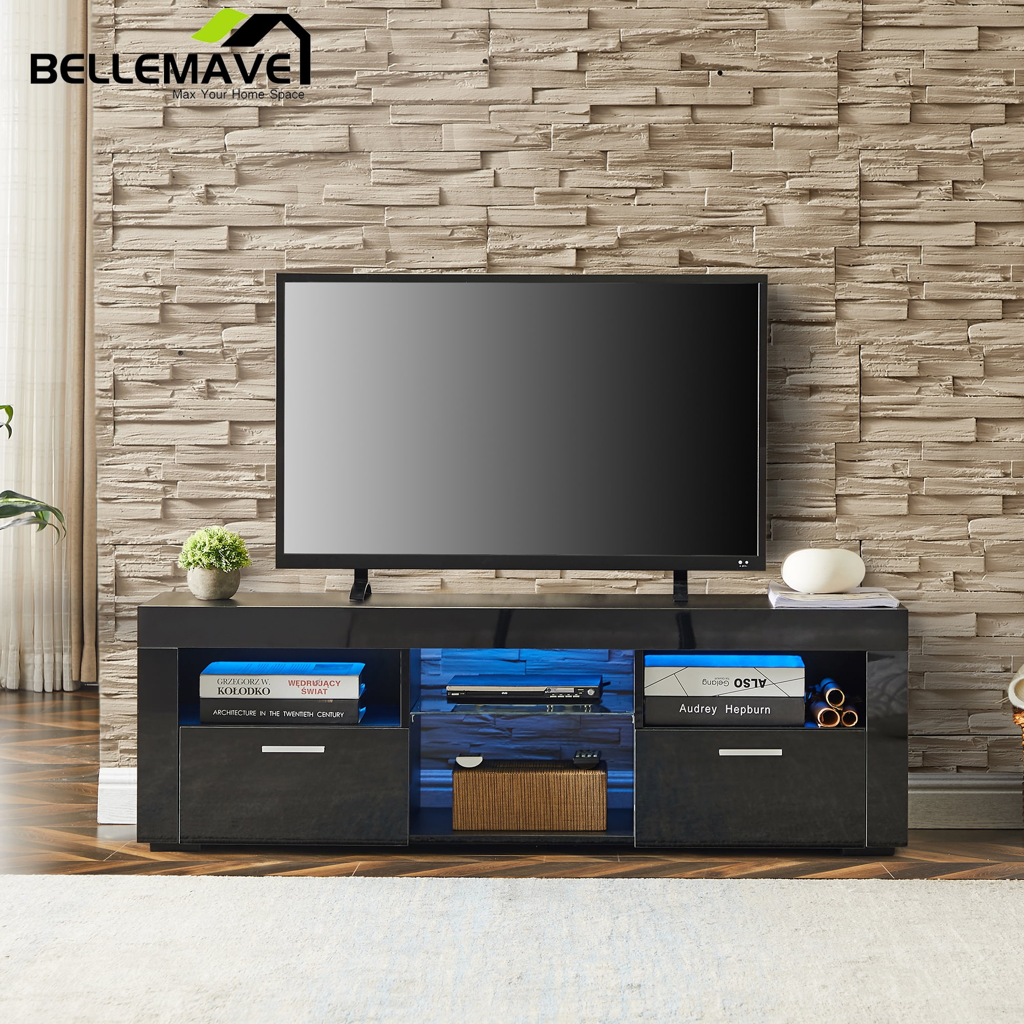 Bellemave Wood TV Stand with LED Lights for 55 Inch, High Glossy TV