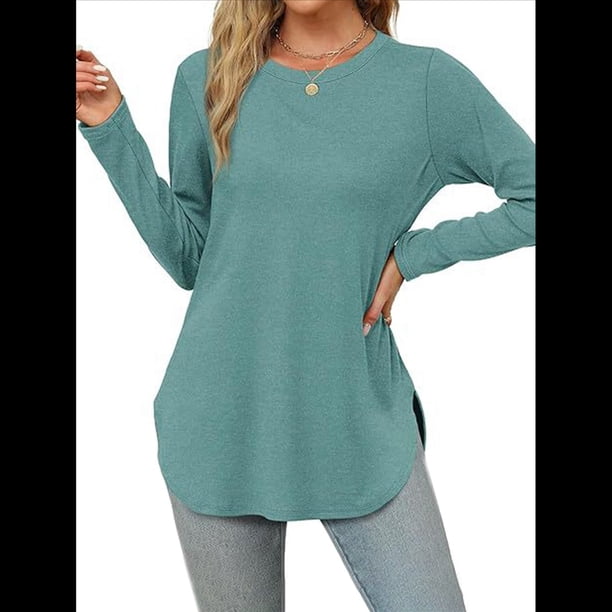 Camisa de Larga con Cuello Redondo para Mujer, Básica, Holgada, Informal Lago Azul L
