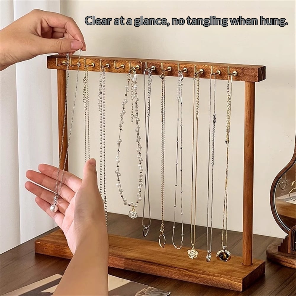necklace hanger shelf with 12 copper bars, Wooden jewelry storage organizer rack for hanger necklace bracelet, necklace display stand for boutique store