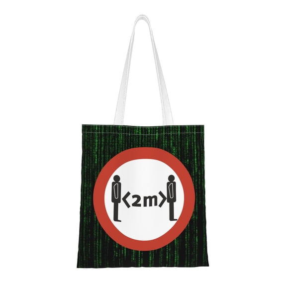 DouZhe Reusable Grocery Bags, Two Meters Warning Caution Lightweight Polyester Canvas Cloth Tote Bag for Travle Gym Shopping School, 15" x 16"