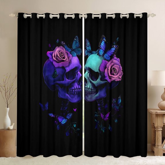 Castle Fairy Floral Skull Black Out Curtains,Gothic Style Curtains Pack of 2 (42x63 Each),Flower Butterfly Bedroom Curtains,Ultra Soft Gradient Home Decor