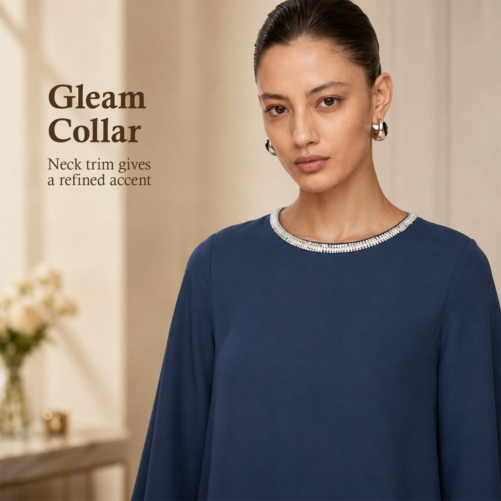 Alvantor Women's Cape Sleeve Midi Dress with Trimmed Neckline, Navy
