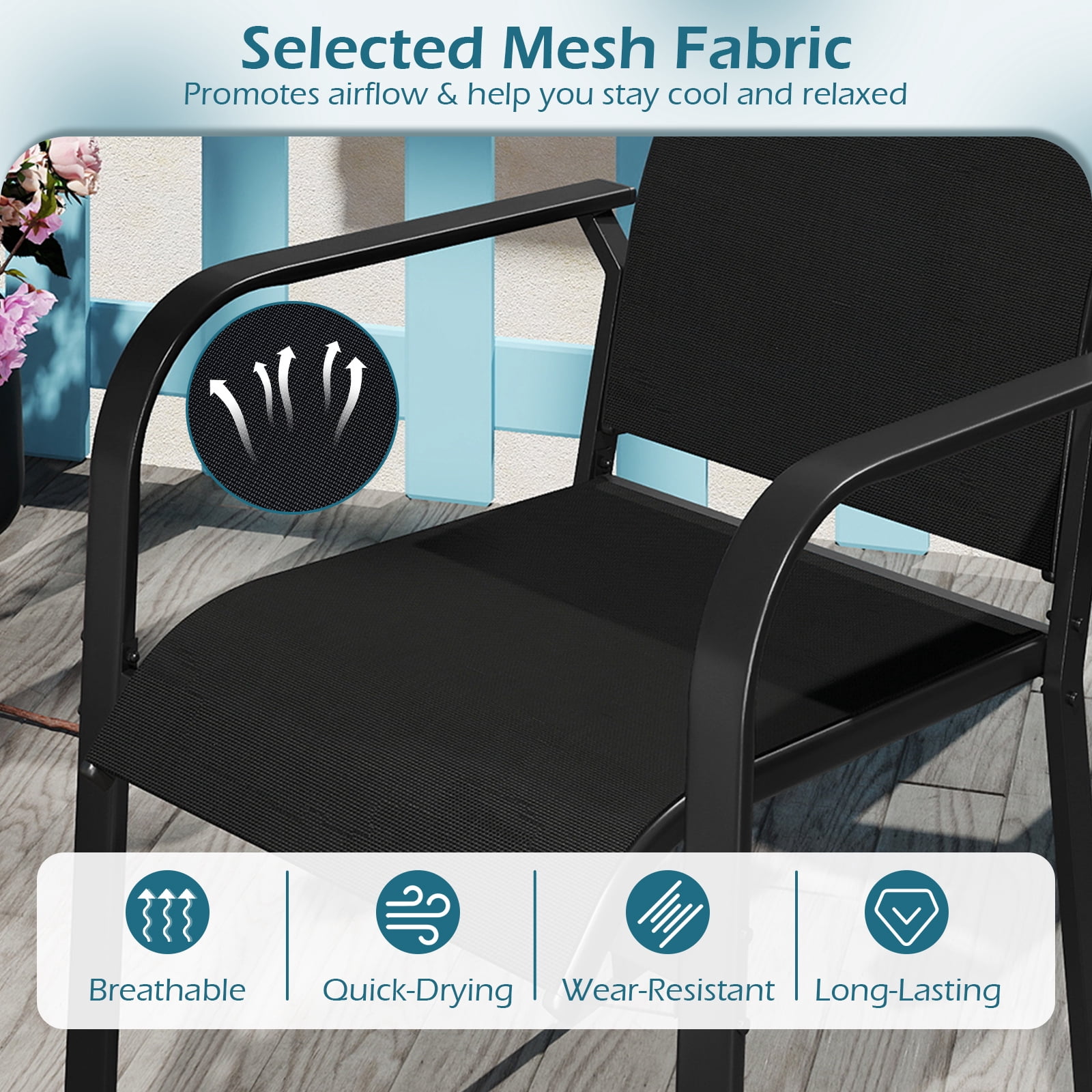 Gymax Patio Dining Chairs Set of 6 w/Metal Frame Breathable Mesh Fabric Backrest