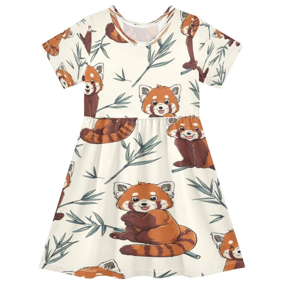Girls Short Sleeve A-Line Dress Red Panda Pattern Play Dress Sizes 2T
