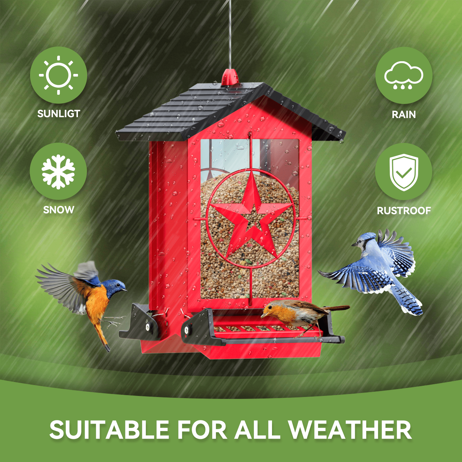 Squirrel Proof Bird Feeder for Outdoors Hanging, Metal Wild Bird Seed Feeder with Bilateral Weight-Activated Perches, 5LB Large Capacity Wild Bird Feeders for Outside Finch, Cardinal, Blue Jay