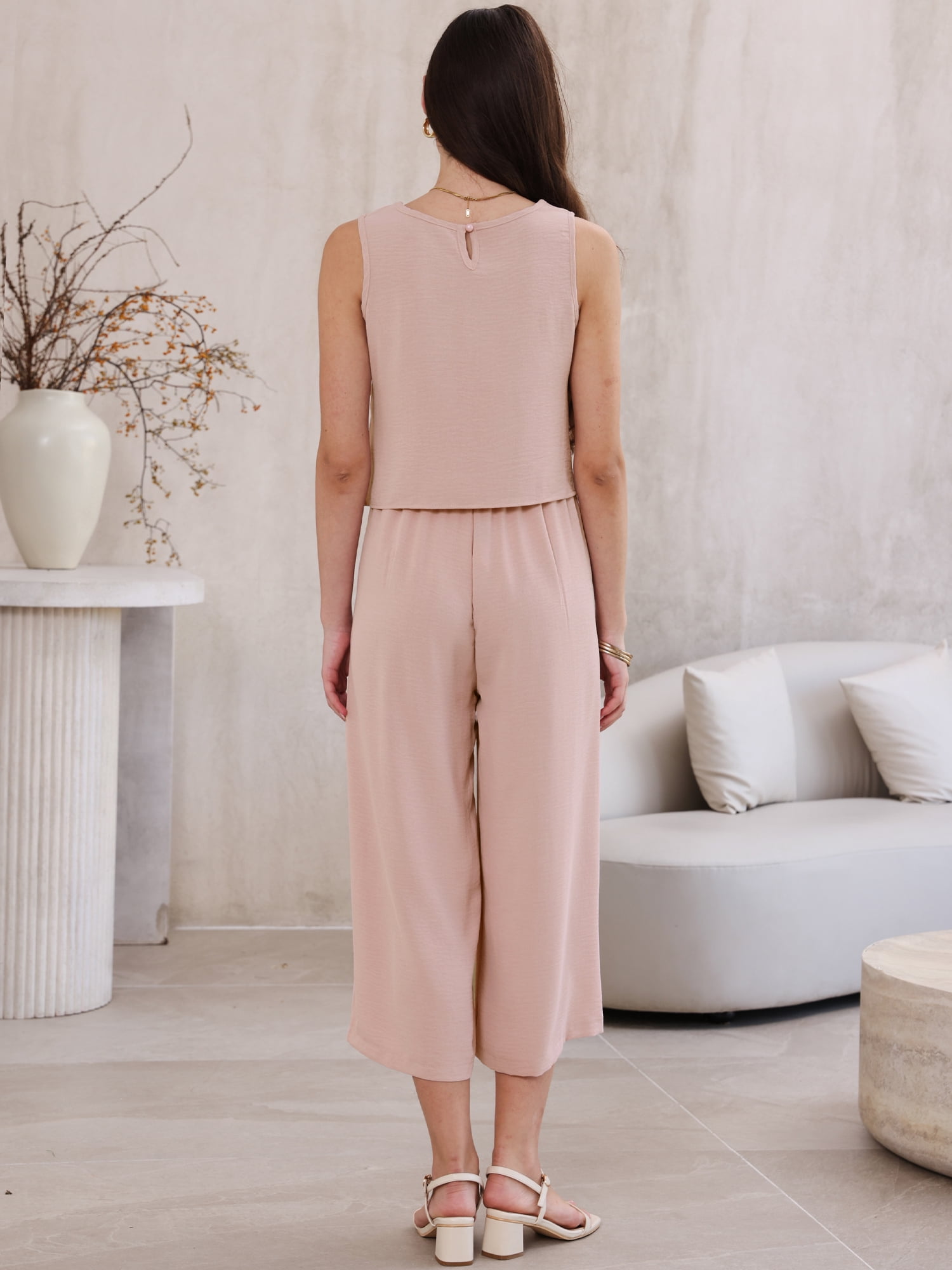 DARING DIVA Women's Suits 2 Piece Outfits Sleeveless Crop Top Wide Leg Pants XL Pink