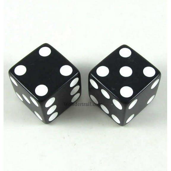 Black Opaque Dice with White Pips D6 25mm (1in) Pack of 2 Koplow Games