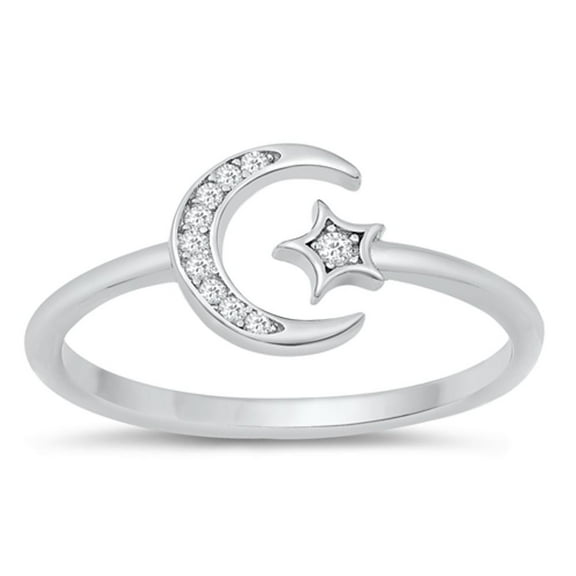Adjustable Moon Star Clear Cubic Zirconia Ring .925 Sterling Silver Band White Jewelry Female Size 5