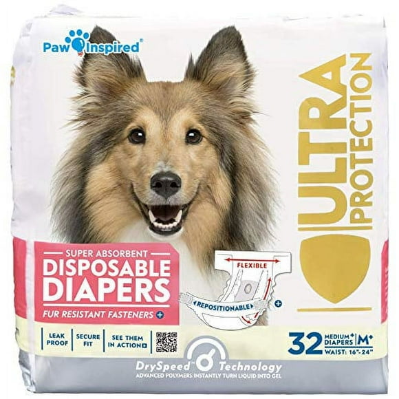 Paw Inspired Disposable Dog Diapers Female| Diapers for Dogs in Heat Period, Senior, Excitable Urination, or Incontinence (Medium Plus, 32 Count)