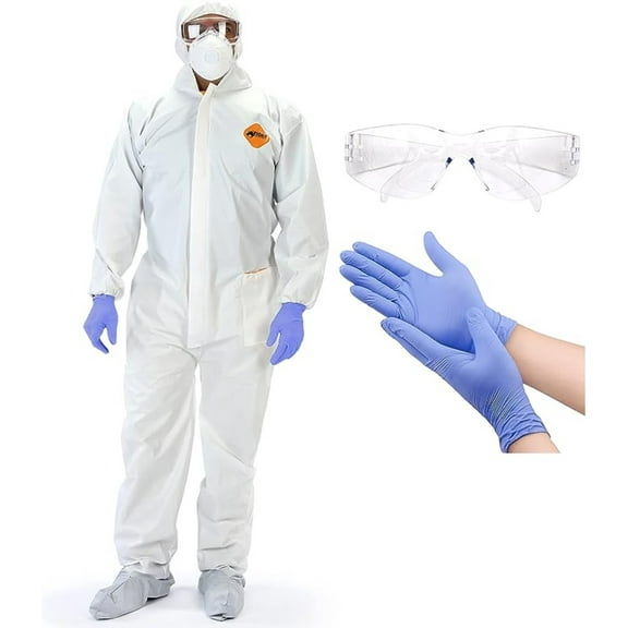 All-Purpose Disposable Coverall Set with Eye & Hand Protection, Includes Coverall with Hood and Booties, Safety Goggles and Disposable Nitrile Gloves