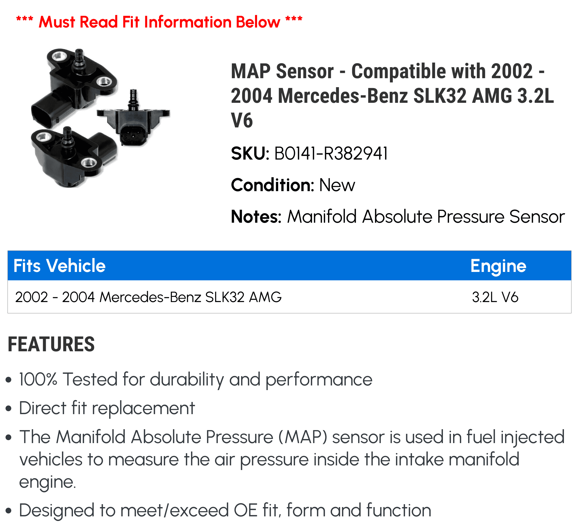 MAP Sensor - Compatible with 2002 - 2004 Mercedes-Benz SLK32 AMG 3.2L V6 2003