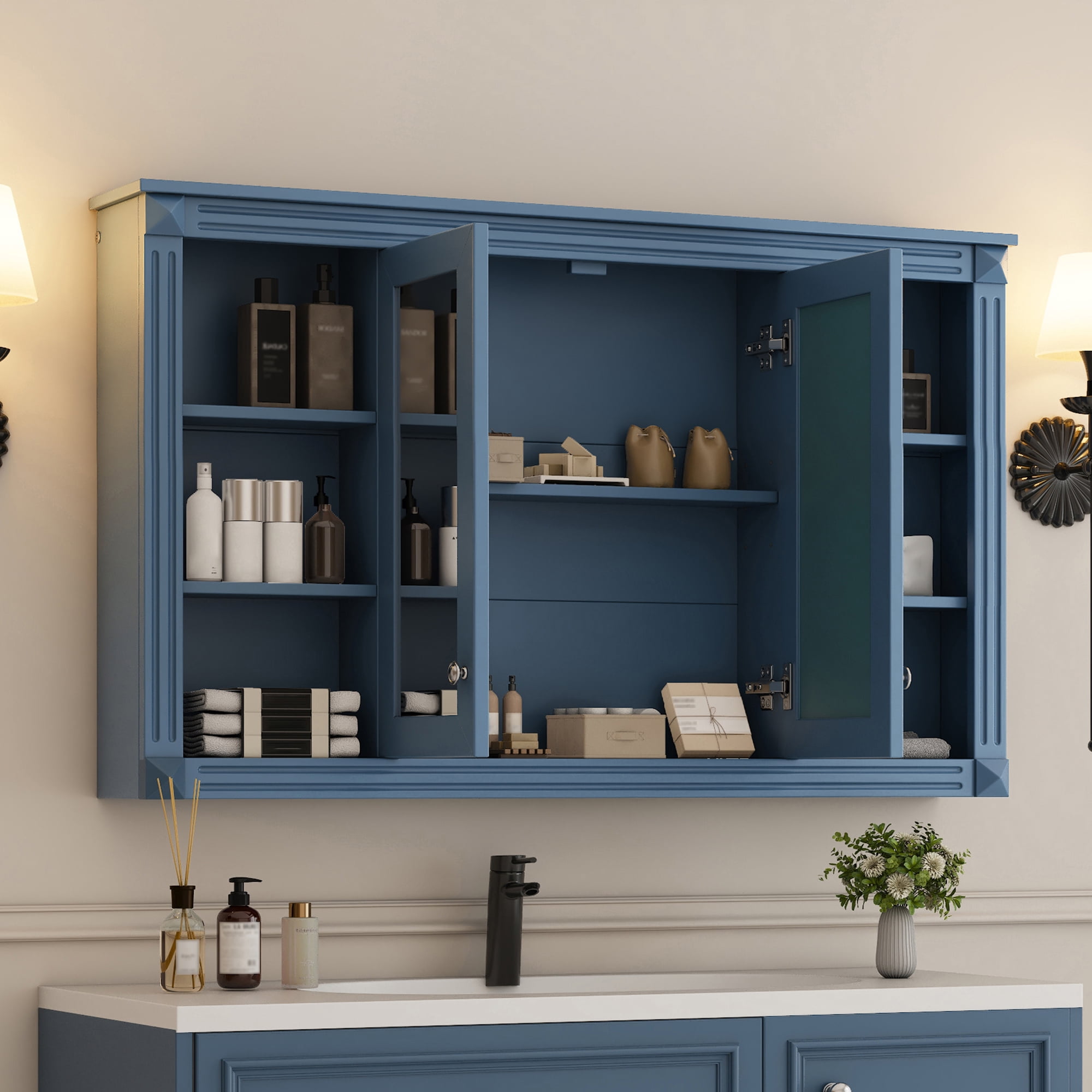 Euroco 47 Inch Bathroom Mirror Cabinet with Storage, Adjustable Shelf and Open Shelves, Wall Mounted Medicine Cabinet for Bathroom, Bedroom, Vanity