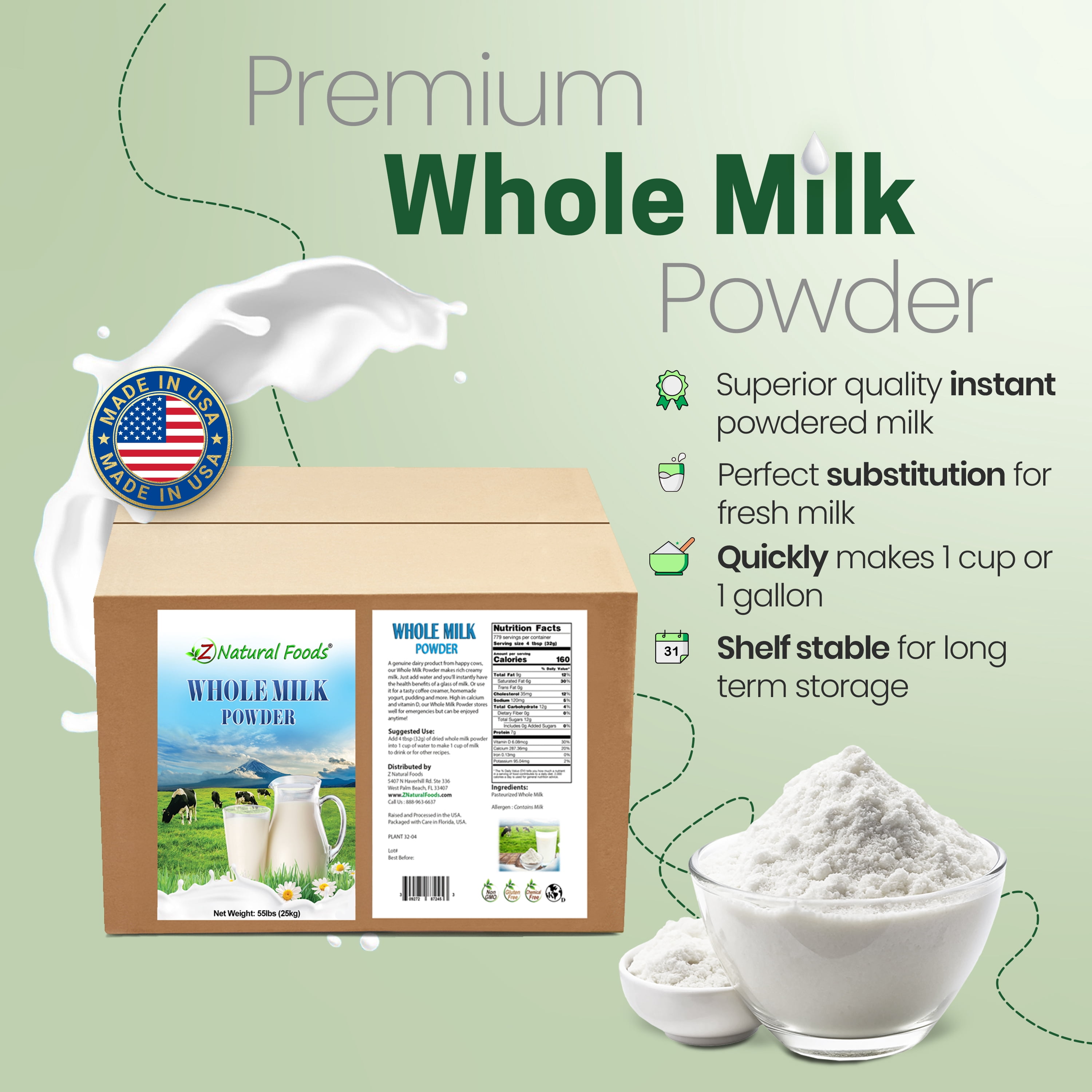 Z Natural Foods Premium Whole Milk Powder - Powdered Milk for Baking, Cooking, Drinks - Dry Milk Powder, Pasteurized, Non-GMO, Gluten-Free, Kosher-Certified, 55 lbs