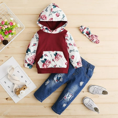 

Juebong Spring Savings Clearances Baby Children s Girls Sunflower Leopard Hooded Sweater Denim Trousers Jeans 3pcs