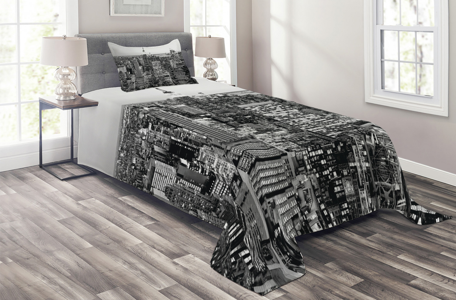 New York Coverlet Set Twin Size, Panorama of Manhattan High Buildings