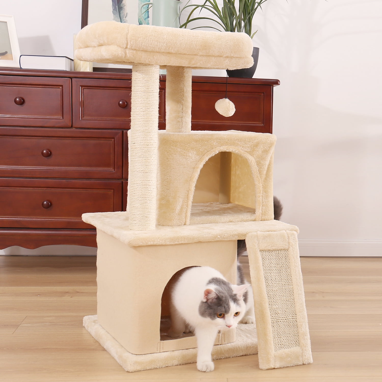 Road Cat Tree Luxury 34 Inches Cat Tower with Double Condos, Spacious  Perch, Fully Wrapped Scratching Sisal Posts and Replaceable Dangling Balls  
