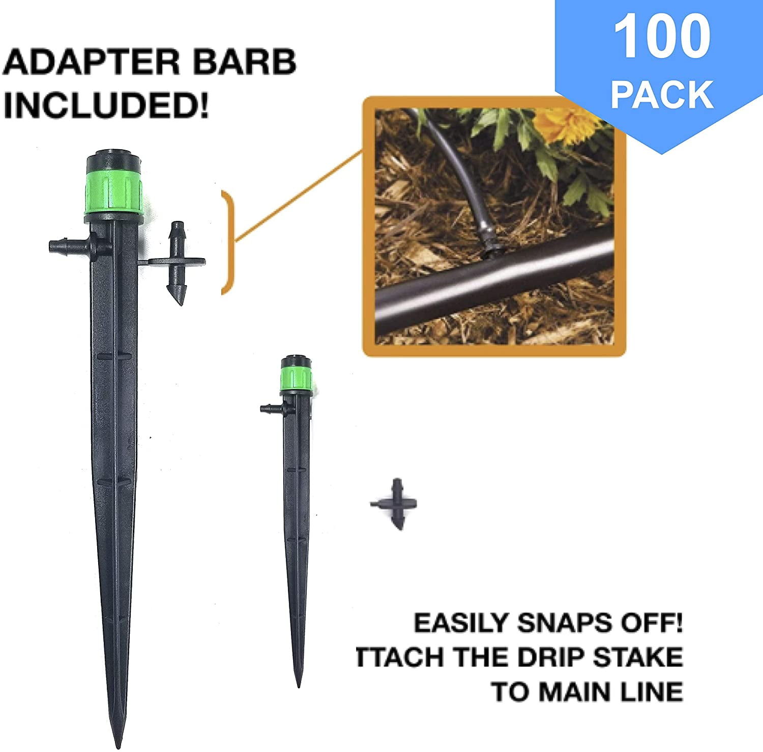 (100-PACK) - 1/4" Inch 360 Degree Drip Emitter On 6" Stake Sprayer Adjustable Flow 0-20 GPH, Fits 1/4 (4-6mm) Irrigation Tubing - Micro Bubbler Drippers for Drip Irrigation