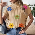 thumbnail image 6 of Sweater Vest for Women Trendy Flowers Ribbed Turtleneck Loose Knit Pullover Outerwear with Side Buttons (One Size, Khaki), 6 of 6