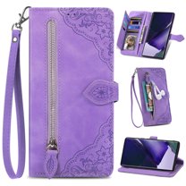 for Samsung Galaxy A03 Core Case for Women,Cute Wallet Case with Zipper Pocket Purse Flower Embossed PU Leather Card Slots Wrist Strap Flip Folio Protective Phone Cover for Galaxy A03 Core, Purple