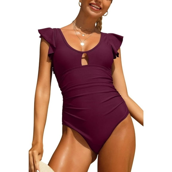 Attraco Women One Piece Swimsuit Deep V Neck Flounce Ladies Solid Plunging Beachwear Bathing Suit