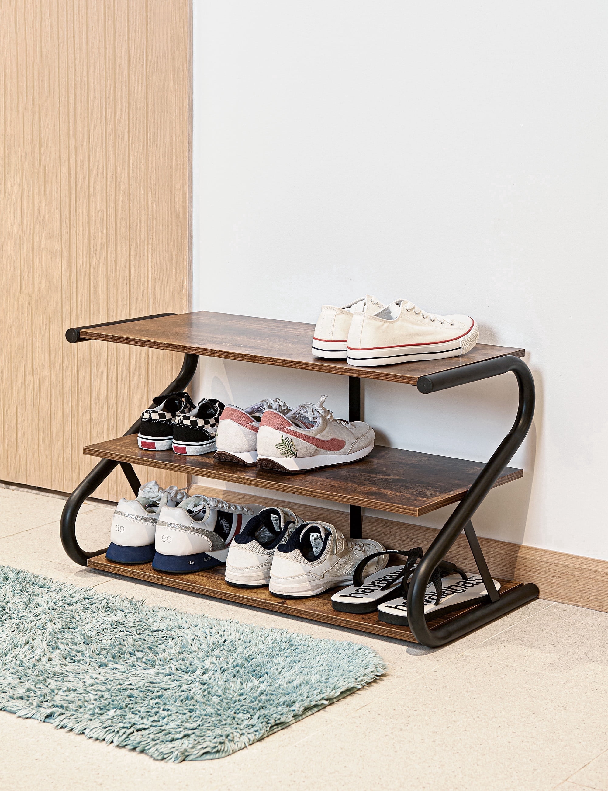 Furinno 5-Tier Turn-N-Tube Wide Shoe Rack, Wood, Brown and Black