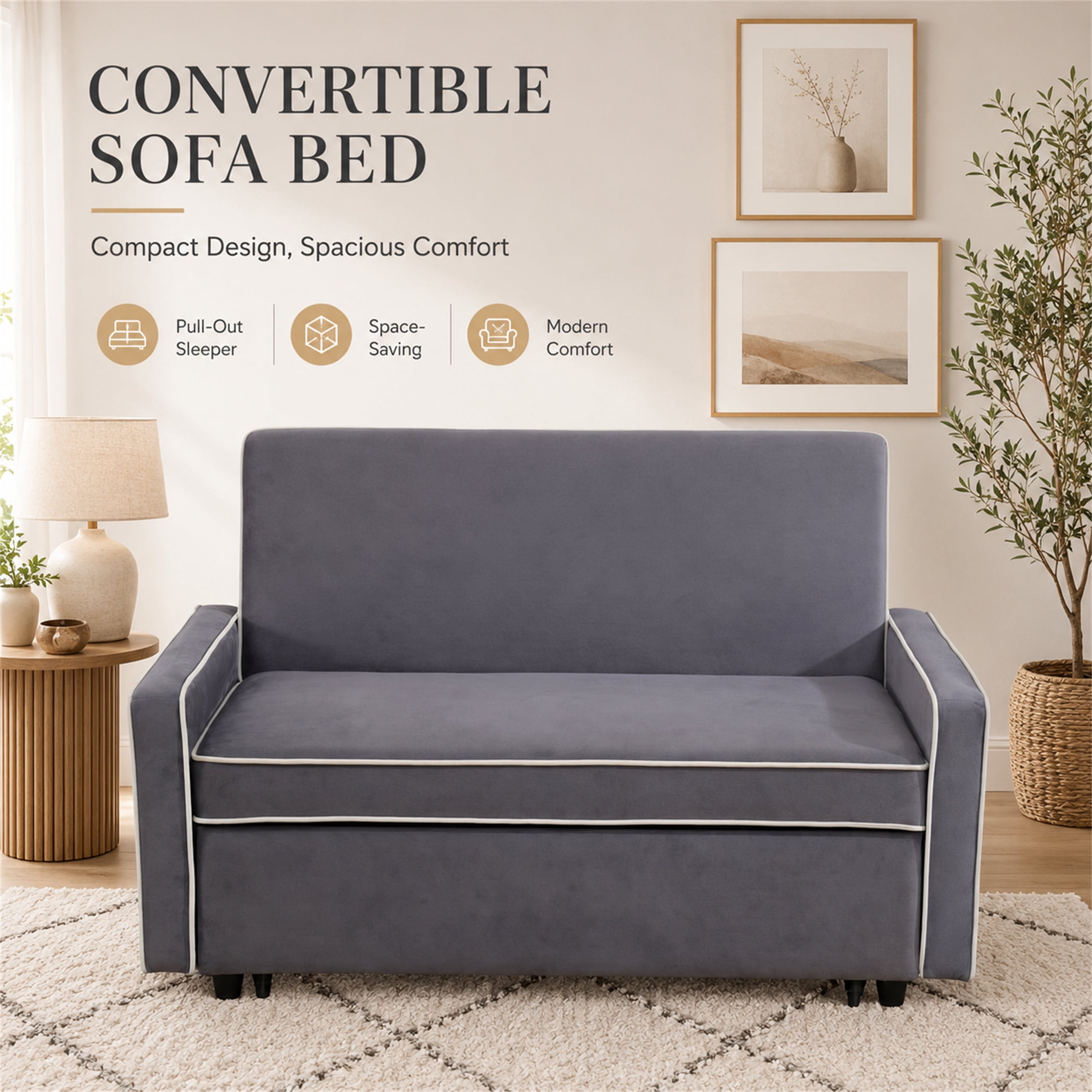 Aukfa 53" Chaise Futon Convertible Sofa Bed Loveseat Sleeper, Full Size, Flannel, Gray