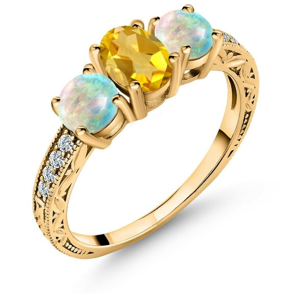 Gem Stone King 18K Yellow Gold Plated Silver Yellow Citrine and White Simulated Opal Women Ring (1.86 Cttw, Gemstone Birthstone, Size 6)