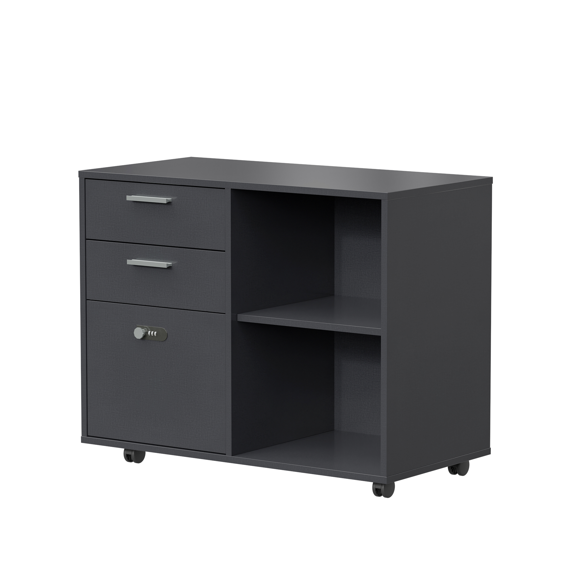 Wooden Home Office Pulley Movable File Cabinets with Password Lock, File Cabinet with Open Storage Shelves and Two Drawers, Low cabinet with 5 Universal Wheels, Easy to Assemble, Dark Gray - image 1 of 7