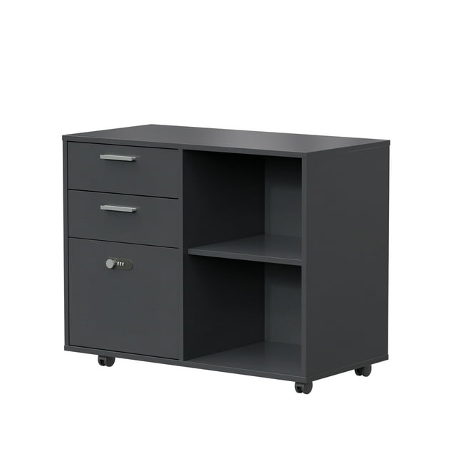 Wooden Home Office Pulley Movable File Cabinets with Password Lock, File Cabinet with Open Storage Shelves and Two Drawers, Low cabinet with 5 Universal Wheels, Easy to Assemble, Dark Gray