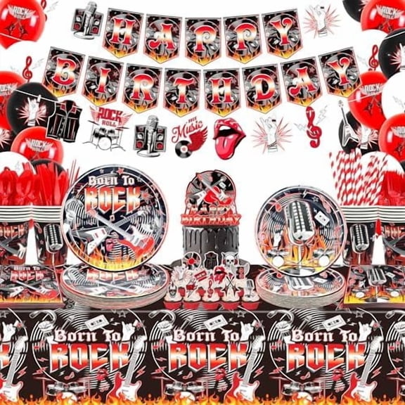 Including Happy Birthday Banner, Plate , Napkins, Tablecloth, Hanging Swirls, Cake Toppers, Balloons, for Rock Music Theme Party Supplies Serves 20 Guest$$Home Decor, Kitchen, & Other