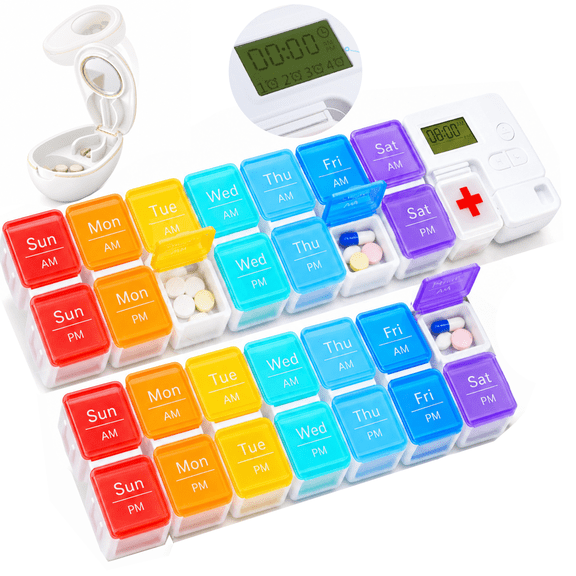 28-Day Pill Organizer with Alarm, 28 Large Compartments, AM/PM Weekly Pill Box, 4 Daily Reminders, BPA-Free, Travel-Friendly