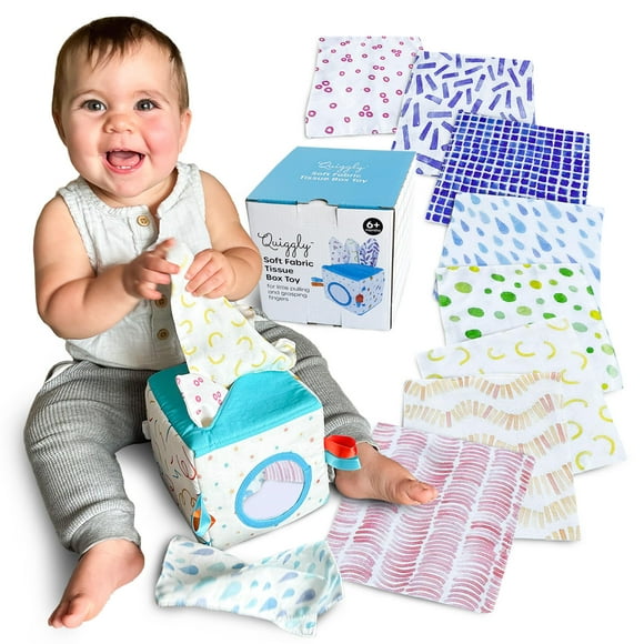 Quiggly Soft Fabric Tissue Box Toy for Babies- Montessori Sensory Development Toy for 6-12 Month Olds - 100% Cotton, Crinkle Tissues, Ribbon Details, Safety Mirror- I