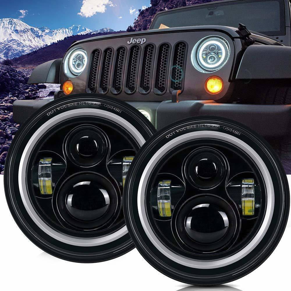 2pcs 7 Inch Pair Round LED Headlight for Jeep Wrangler JK TJ LJ CJ Hummber H1 H2 with High Low Beam Black